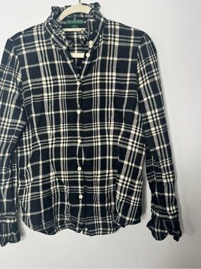 Ralph Lauren plaid ruffle neck button down shirt size medium